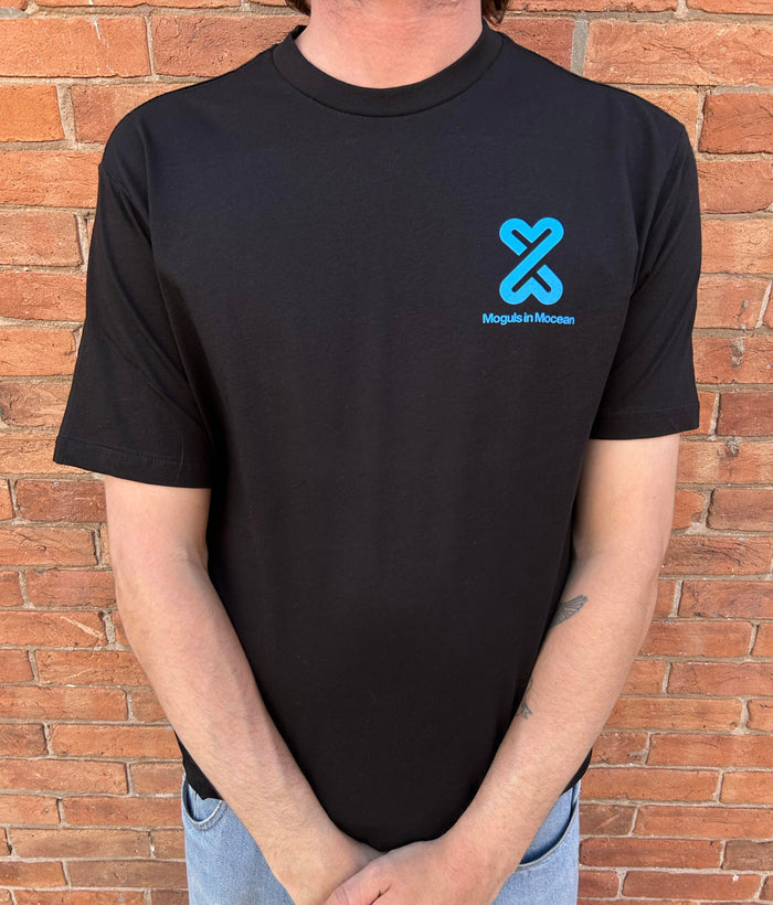 MOGULS IN MOCEAN OG LOGO BLACK T-SHIRT WITH SKY BLUE WORDMARK