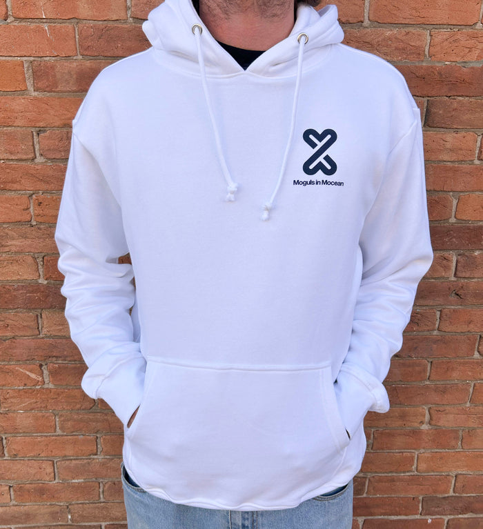 MOGULS IN MOCEAN OG LOGO WHITE HOODIE WITH DARK NAVY WORDMARK
