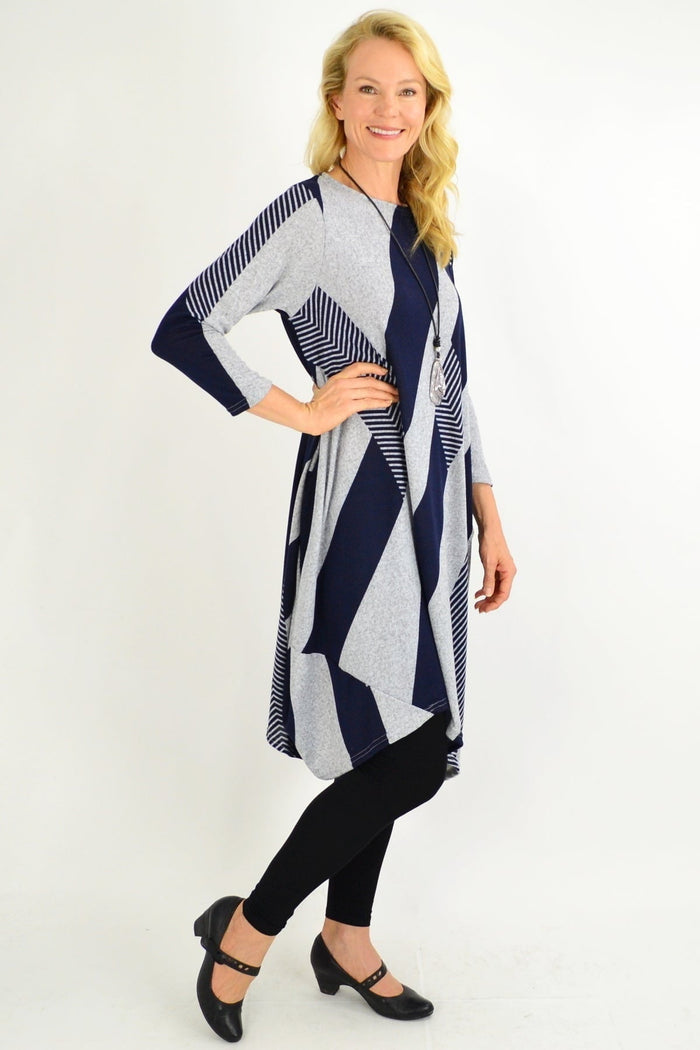 Navy and grey long woolen tunic dress by Peony featuring a flowing silhouette and long sleeves.