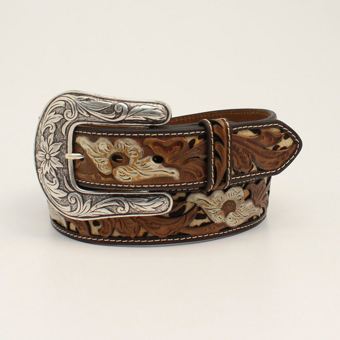 Nocona Women's white flower leather tooled belt