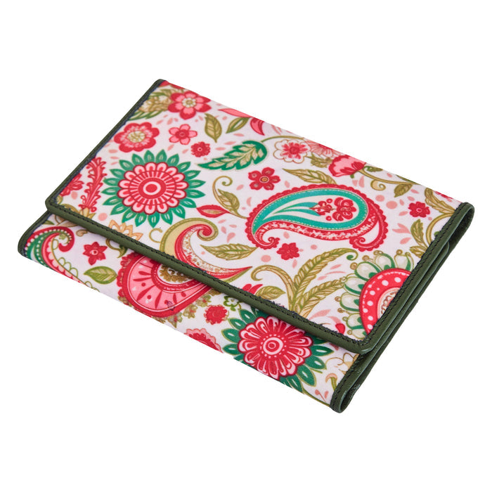 Women's paisley trifold travel wallet for daily use and trips-full front view
