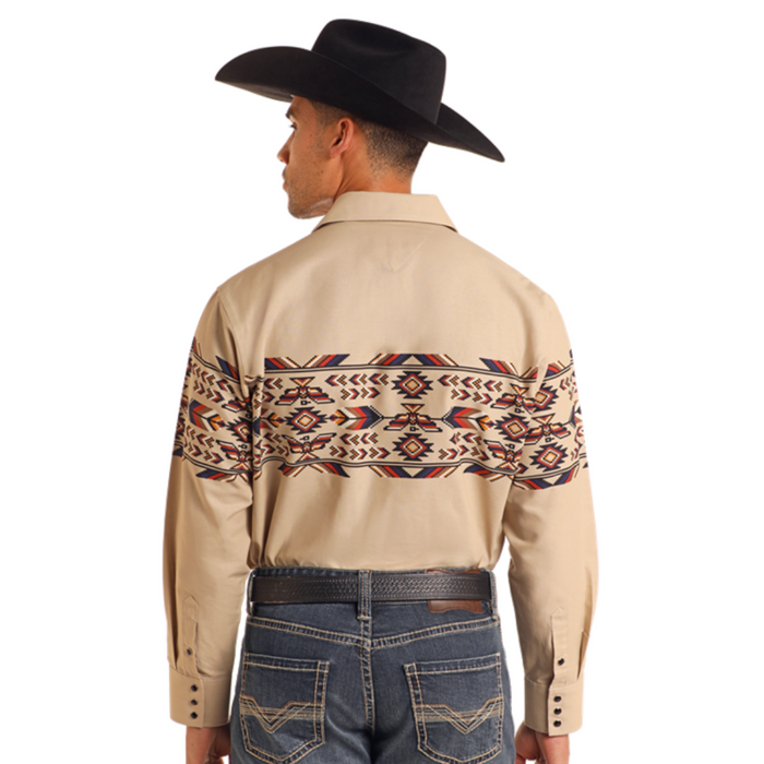 Panhandle Slim Men's Southwestern Tan Print Border Long Sleeve Snap Shirt