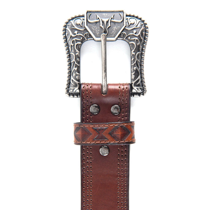 Platini Men's Leather Aztec Embossed Belt- Brown