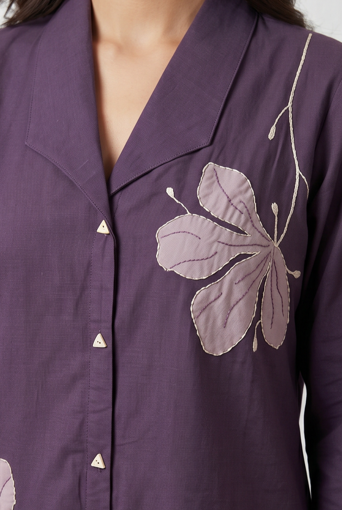 Purple Floral Embroidery Cotton Flex Co-ord Set