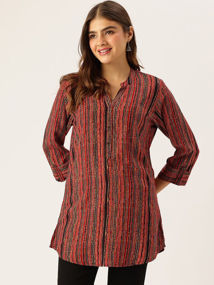 Red & Black Striped Printed Mandarin Collar Tunic