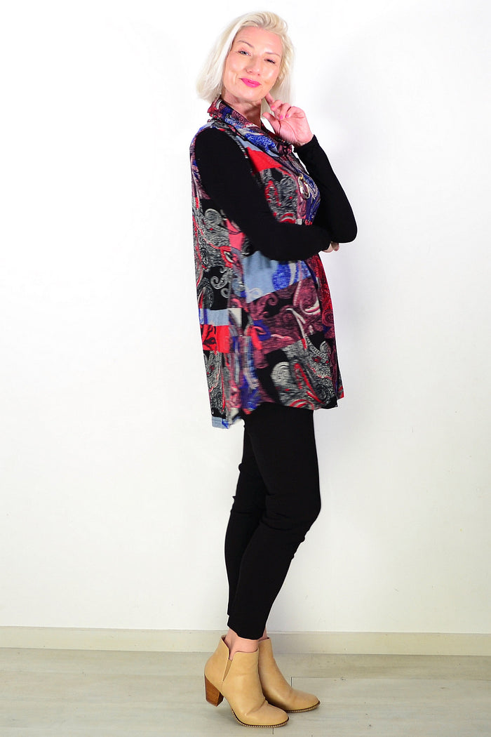 Red Blue Paisley Print Cowl Neck Tunic Top