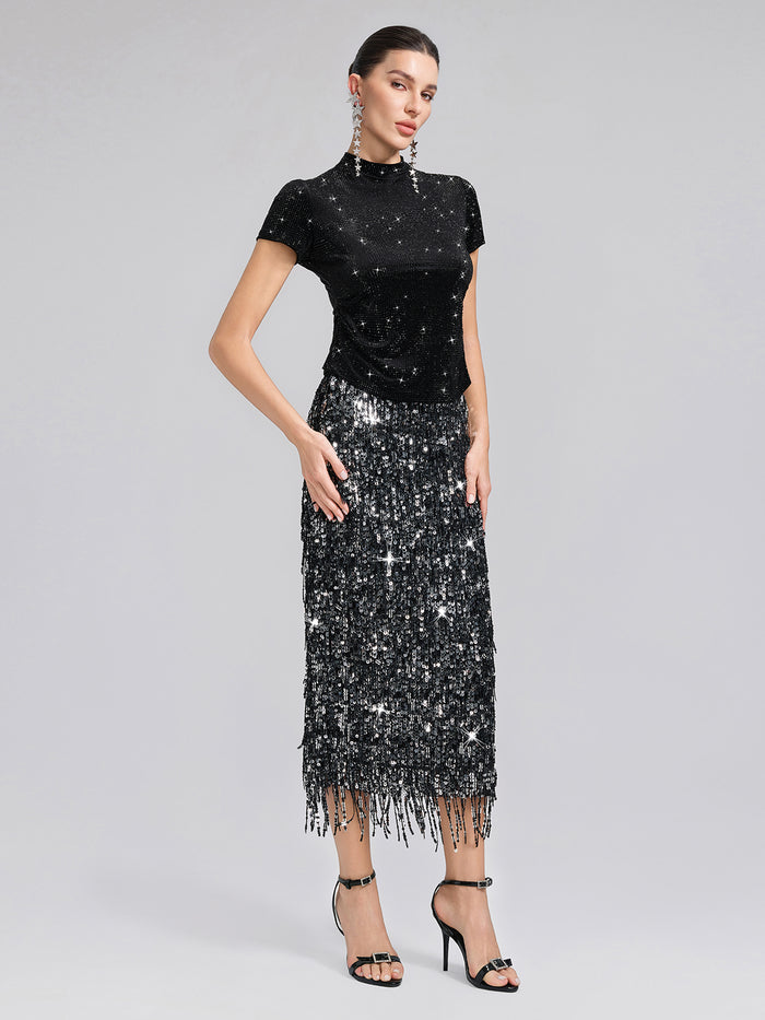 Rhinestoned Velvet Short-Sleeve Top