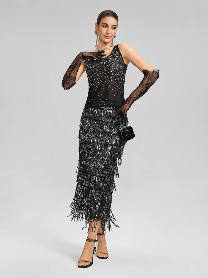 Rhinestones Mesh U-Neck Fitted Sleeveless Top