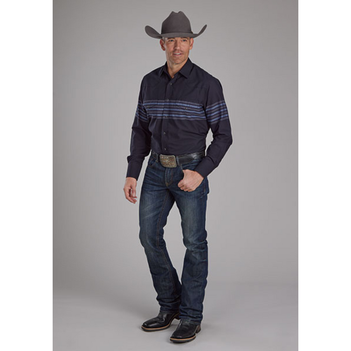 Roper Men's Border Stripe Black/Blue Long Sleeve Snap Shirt
