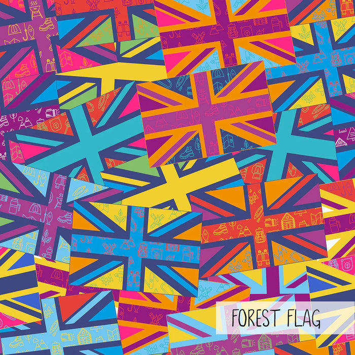 Colorful overlapping British-style flags with outdoor adventure icons and text Forest Flag
