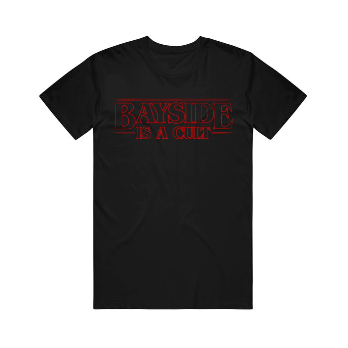 The Bayside black t-shirt features red, retro-style "BAYSIDE IS A CULT" text across the chest and is crafted from soft ring-spun cotton in a modern classic fit.