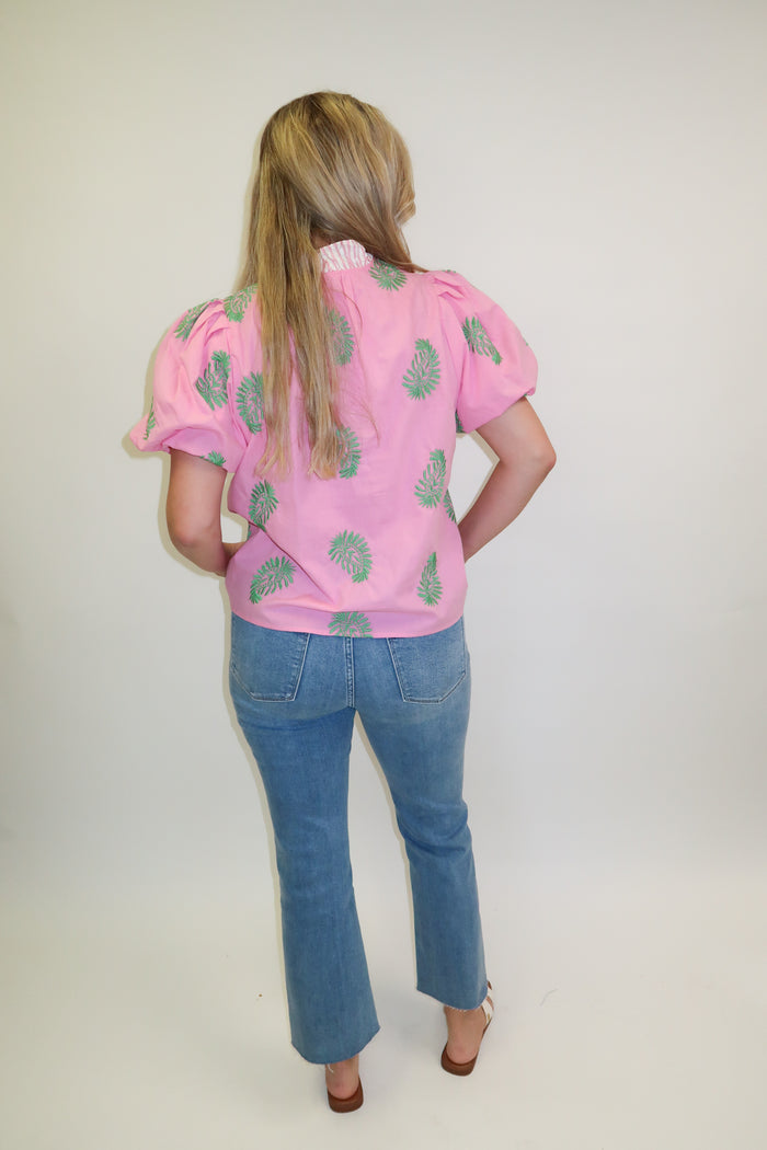 Sweet Talk Pink Embroidered Stripe Puff Sleeve Top - The Pink Tulip Clothing