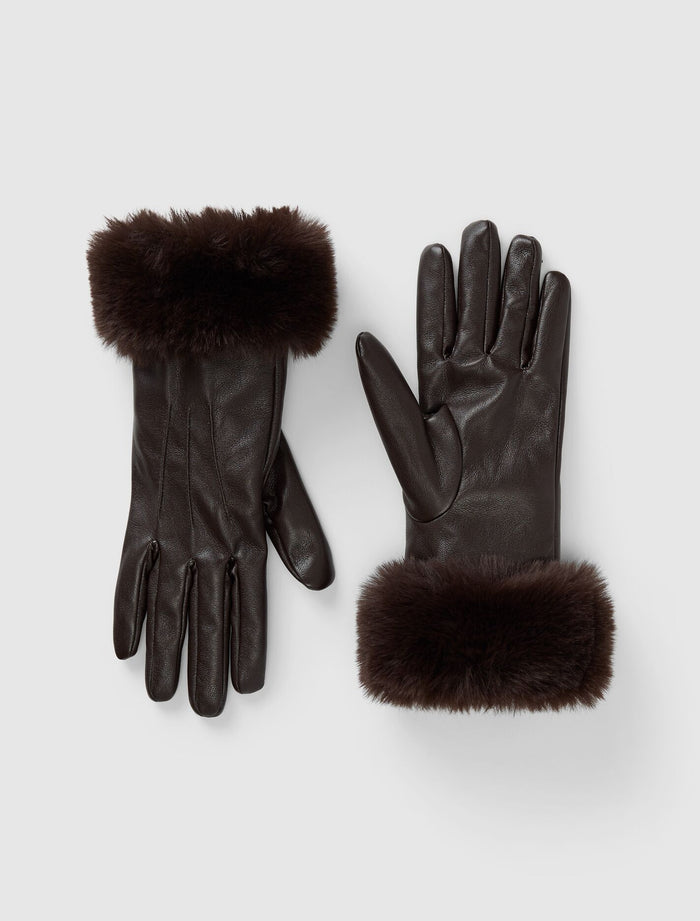 Sylvia Faux Fur Trim Pu Gloves Chocolate Forever New