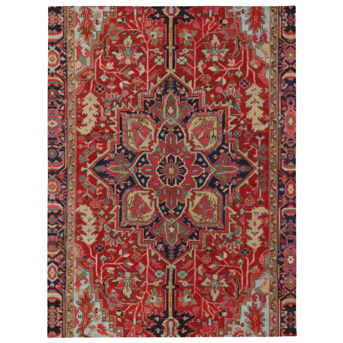 The Dudes Rug Plush Blanket - The specific symmetrical Heriz medallion set against a deep crimson (#8A2628) field, accented by midnight navy blue (#182136), antique cream (#E3DCC5), and muted slate teal (#7C9799), recontextualizing the rough texture of a floor covering into a soft comfort object.