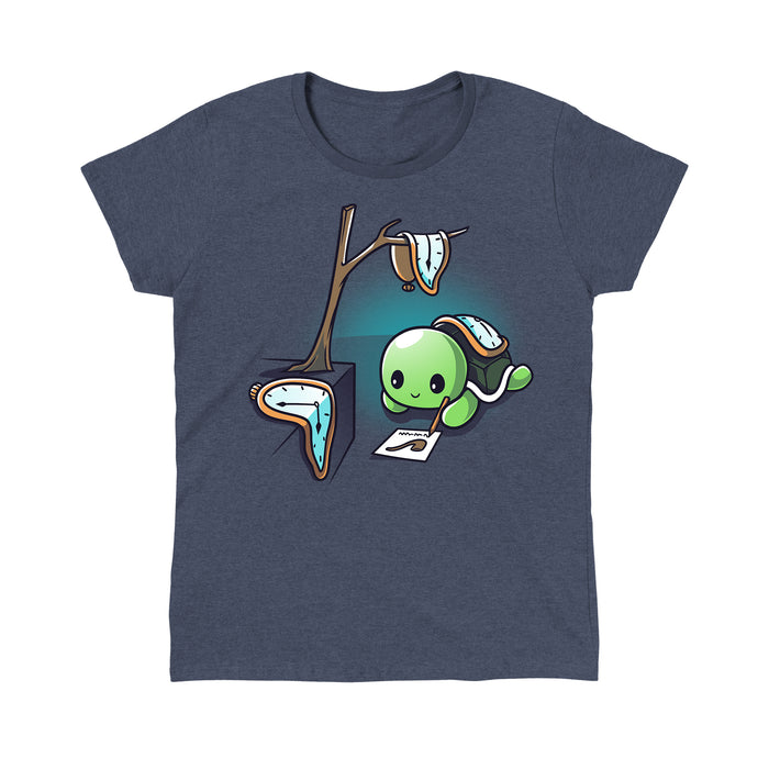 Classic Cotton T-shirt_TeeTurtle The Persistence of Drawing heather navy apparel featuring a turtle drawing while surrounded by melting clocks.