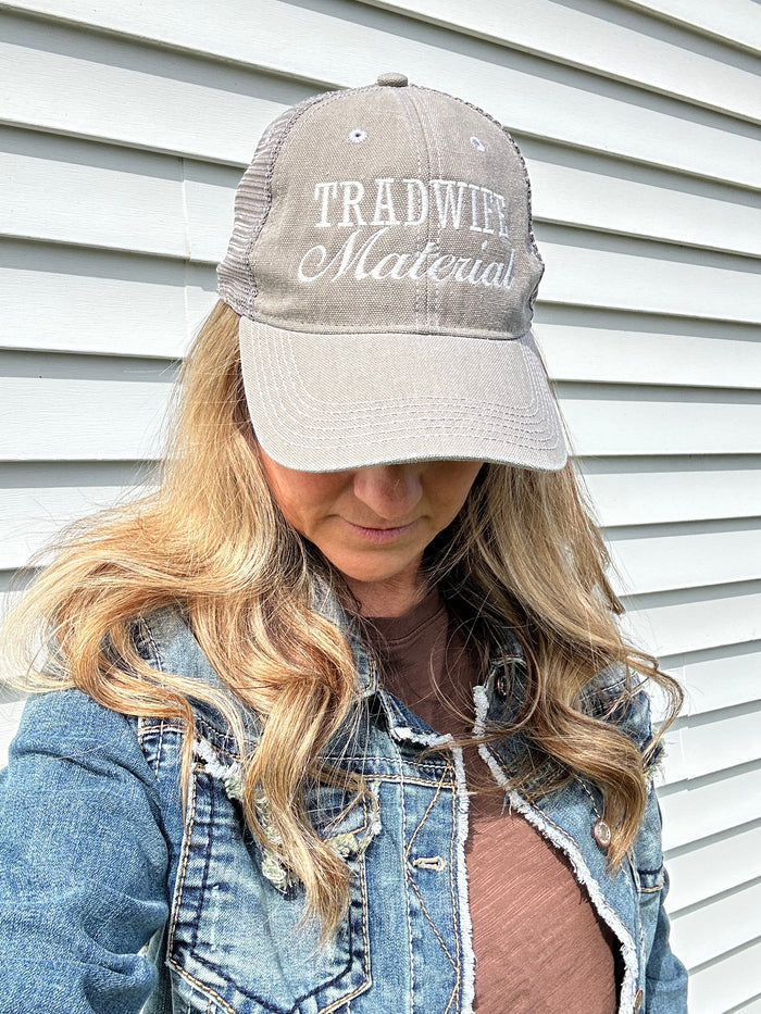 Tradwife Material Grey Embroidered Trucker Hat