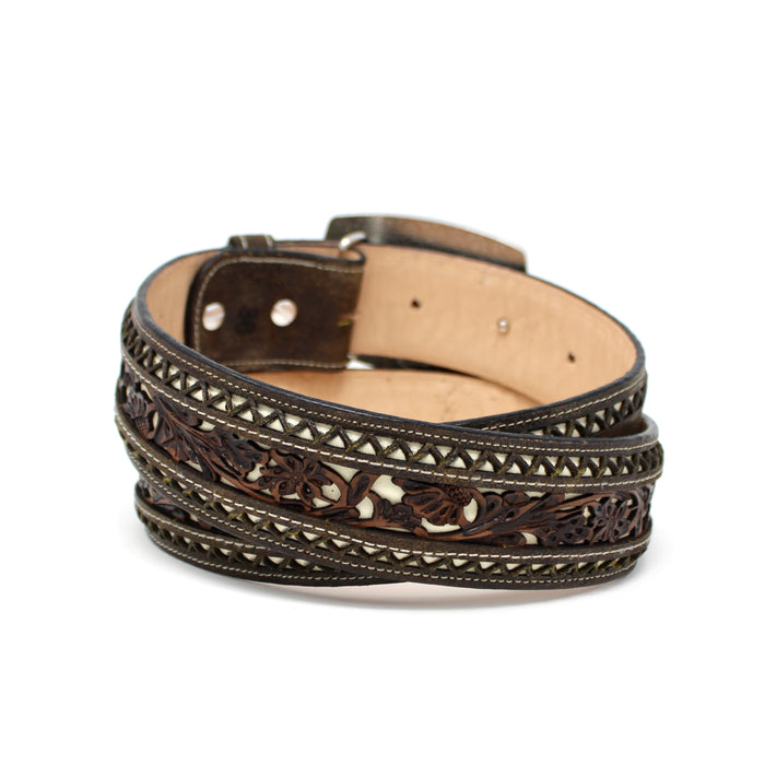 Western Laser Cut Floral Belt with Rectangle Buckle- Café