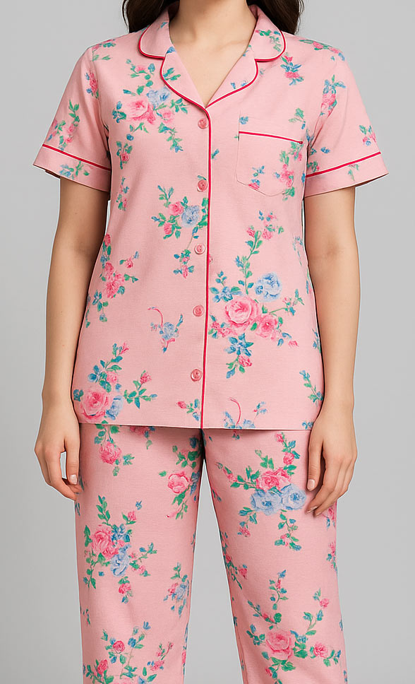 Women Button night suit Pink flowers - Hinz Clothing