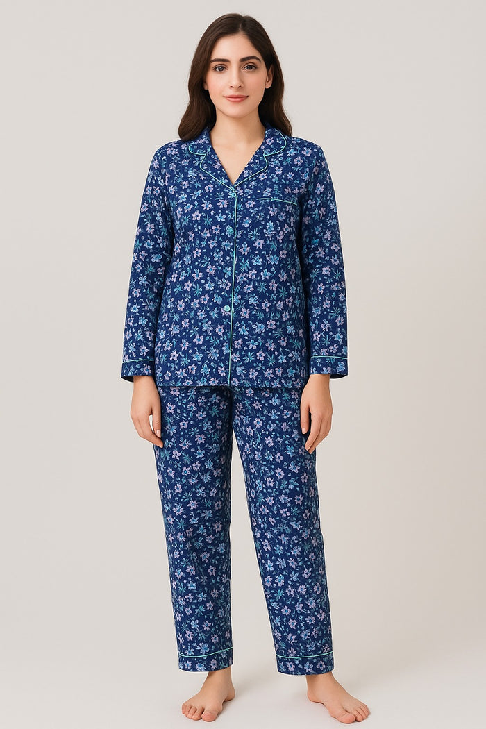 Women’s Full Sleeve Button Night Suit – Navy Blue Floral - Hinz Clothing