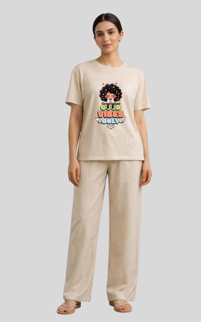 Women’s Good Vibes Graphic T-Shirt with Beige Lounge Check Trouser