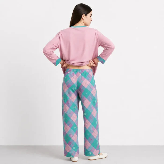 Women's Pink Jersey Cotton Soft Crew Neck Printed T-Shirt & Check Trouser Set - Hinz Clothing