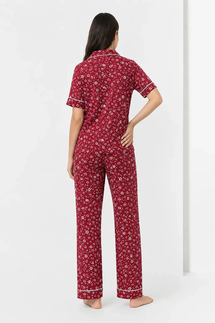 Women's Red Printed Jersey Cotton Soft Button-Down Pajama Set