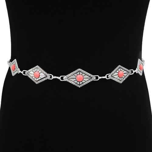 Women's Silver & Red Diamond Concho Chain Belt