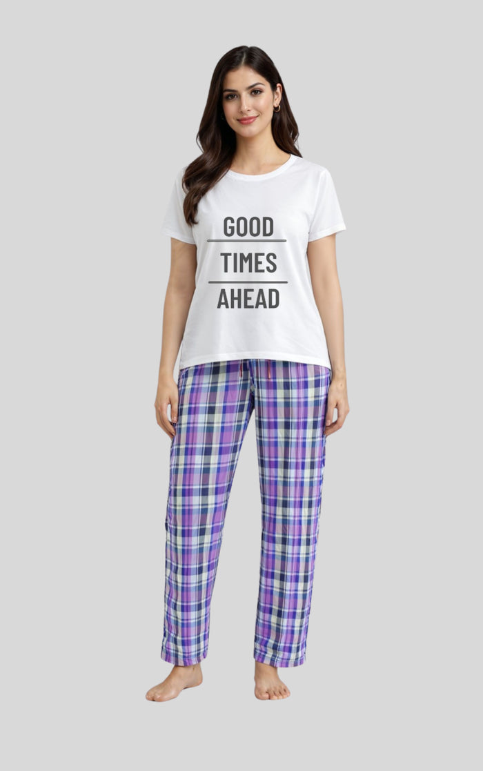 Women’s T-Shirt & Check Trouser Lounge Set – White & Purple - Hinz Clothing