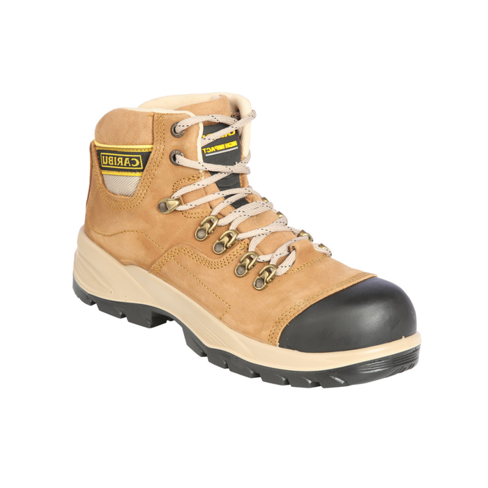 Tan work boot with black sole