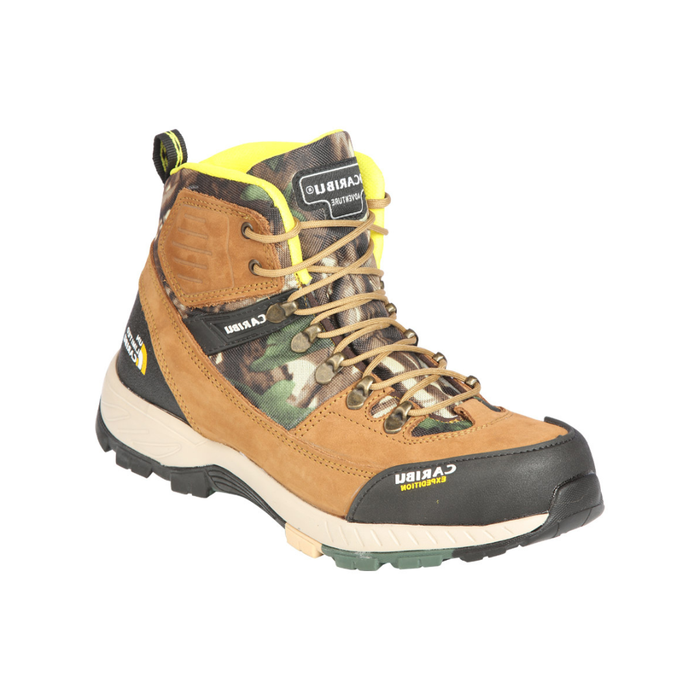 Brown work boot with camouflage pattern and visible brand logo