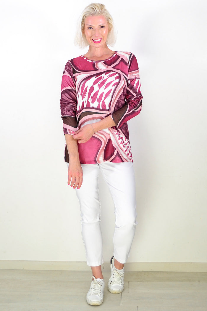 Abstract Pattern Pink Long Sleeve Tunic Top