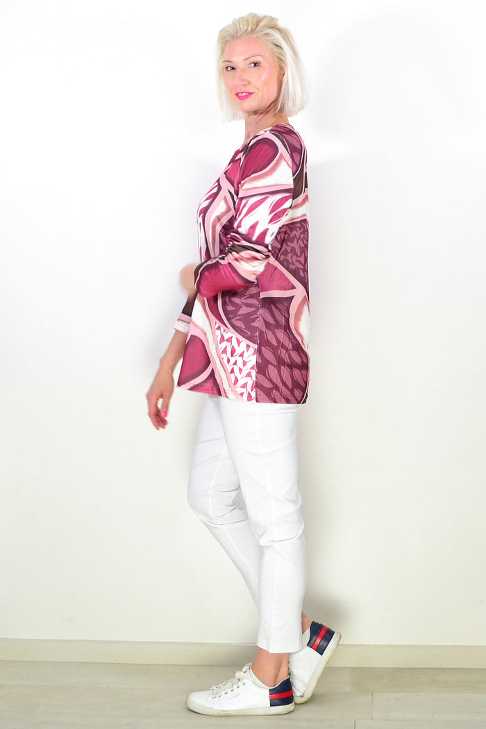 Abstract Pattern Pink Long Sleeve Tunic Top