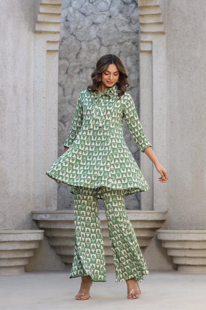 Abstract print on Green Muslin Silk Co-ord Set