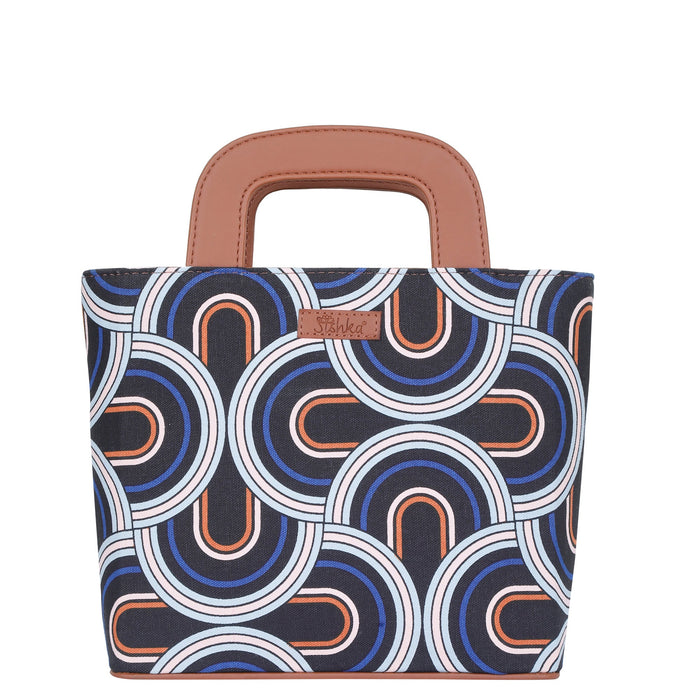 Women’s abstract handcrafted printed canvas tote handbag with vegan leather handles for office, travel and daily use
