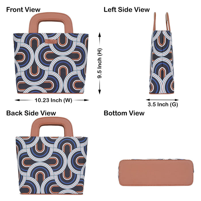 Women’s abstract handcrafted printed canvas tote handbag with vegan leather handles for office, travel and daily use-infographic image
