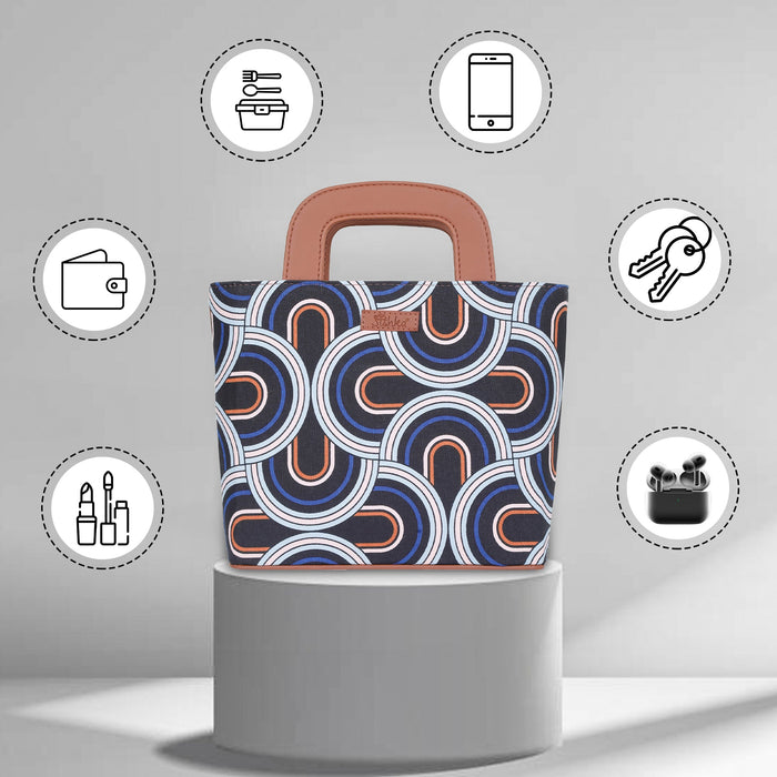 Women’s abstract handcrafted printed canvas tote handbag with vegan leather handles for office, travel and daily use-feature image