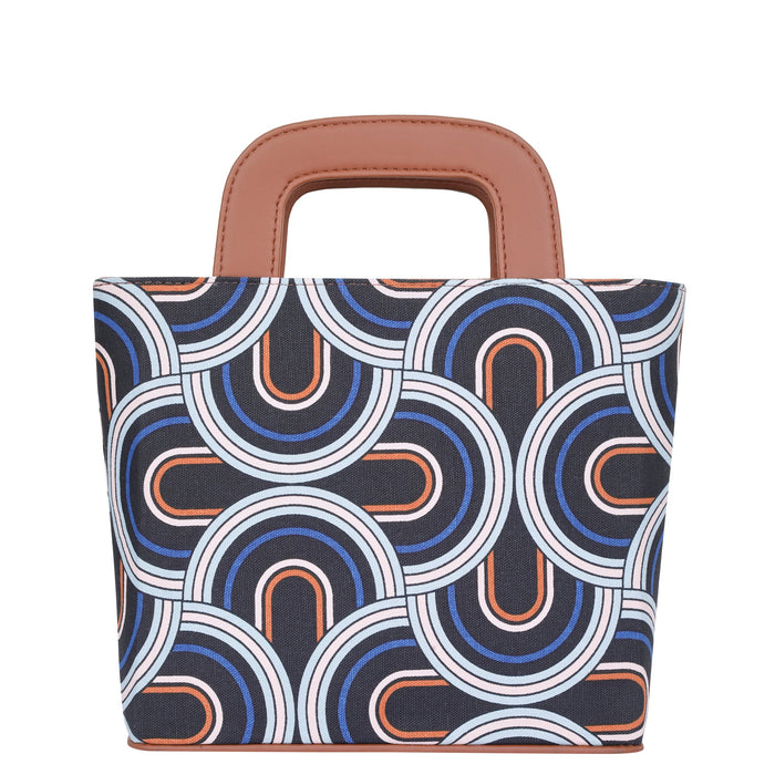 Women’s abstract handcrafted printed canvas tote handbag with vegan leather handles for office, travel and daily use-back view