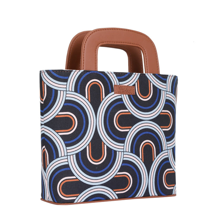 Women’s abstract handcrafted printed canvas tote handbag with vegan leather handles for office, travel and daily use-half side view