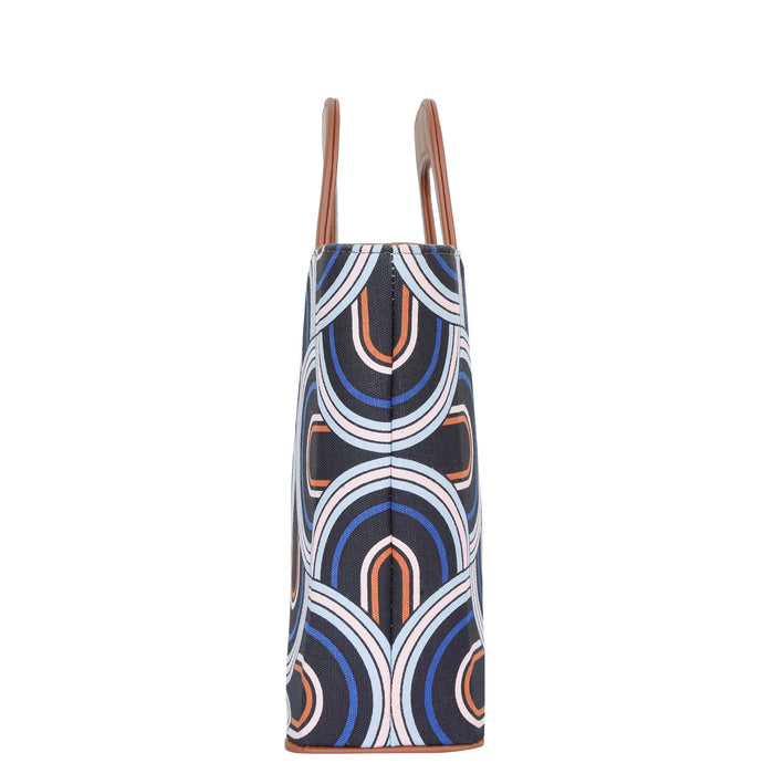 Women’s abstract handcrafted printed canvas tote handbag with vegan leather handles for office, travel and daily use-side view