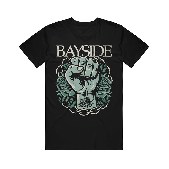 Printed on premium Gildan Hammer T-Shirts, this black Bayside tee features "BAYSIDE" above a bold blue-green fist with roses, barbed wire, and a small anchor tattoo for standout style.