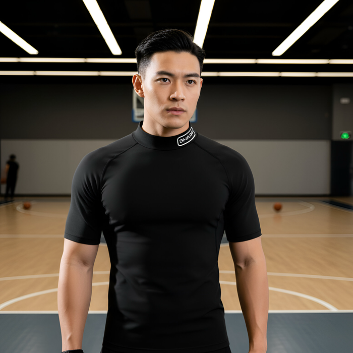 Adult Short Sleeve Mock Neck Compression Shirt - Black