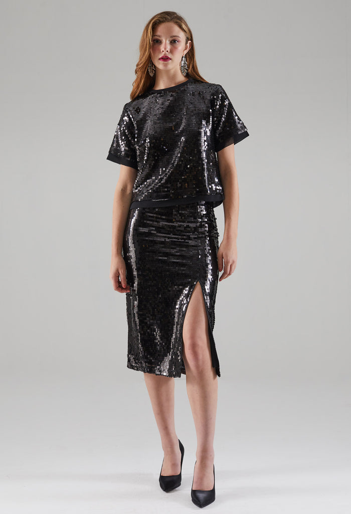 Agleam Shimmer Front Slit Skirt