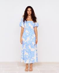 Alessia Sleeved Midi Dress - Blue/Cream Floral