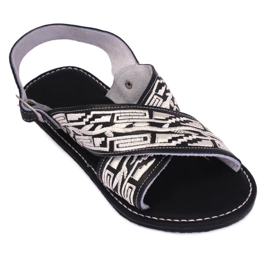 Handcrafted artisan Mexican black  with white stitching genuine leather huarache sandals featuring wide crossover leather straps, adjustable heel strap, open-toe design, and durable rubber outsole for everyday comfort.