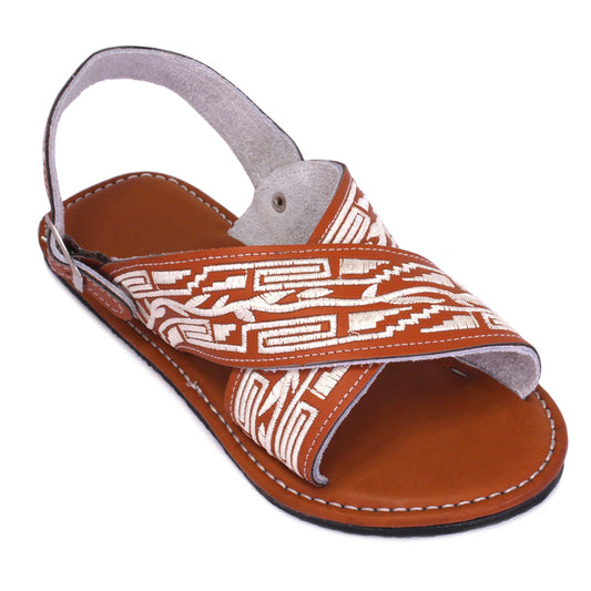 Handcrafted artisan Mexican Honey and White stitching genuine leather huarache sandals featuring wide crossover leather straps, adjustable heel strap, open-toe design, and durable rubber outsole for everyday comfort.