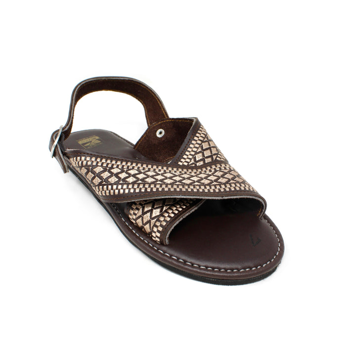 Handcrafted artisan Mexican brown and beige stitching genuine leather huarache sandals featuring wide crossover leather straps, adjustable heel strap, open-toe design, and durable rubber outsole for everyday comfort.