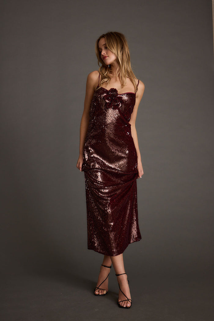 All For You Merlot Sequin Rosette Midi Dress styled in a complete look from an alternate angle.