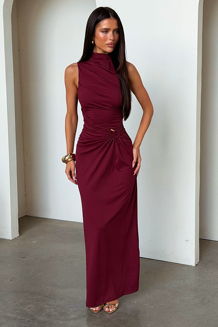 Amaris Mock Neck Maxi Dress - Burgundy