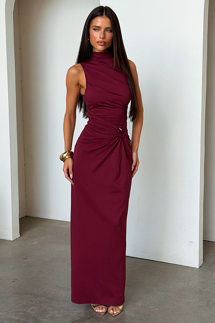 Amaris Mock Neck Maxi Dress - Burgundy
