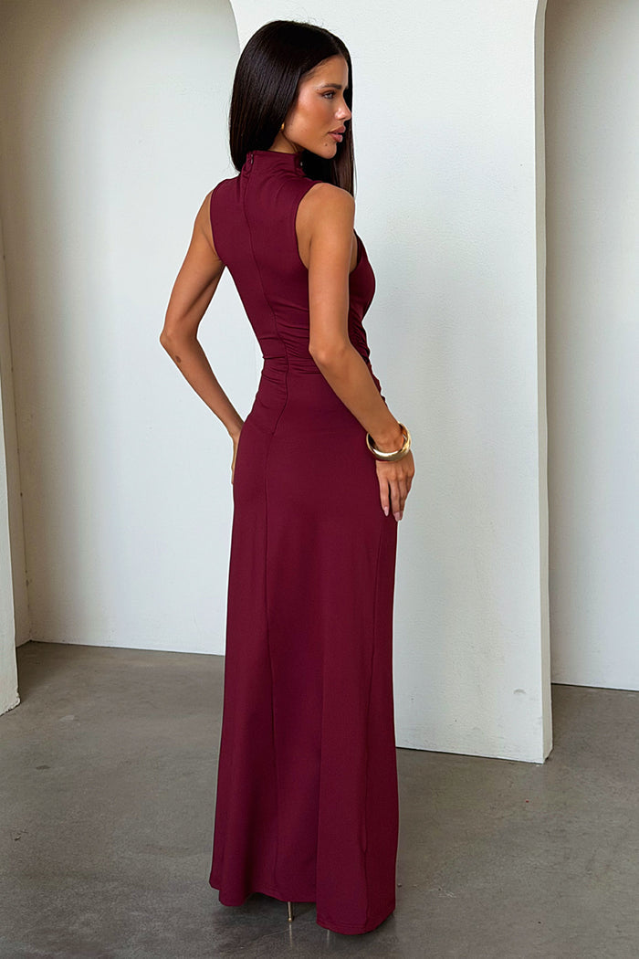 Amaris Mock Neck Maxi Dress - Burgundy